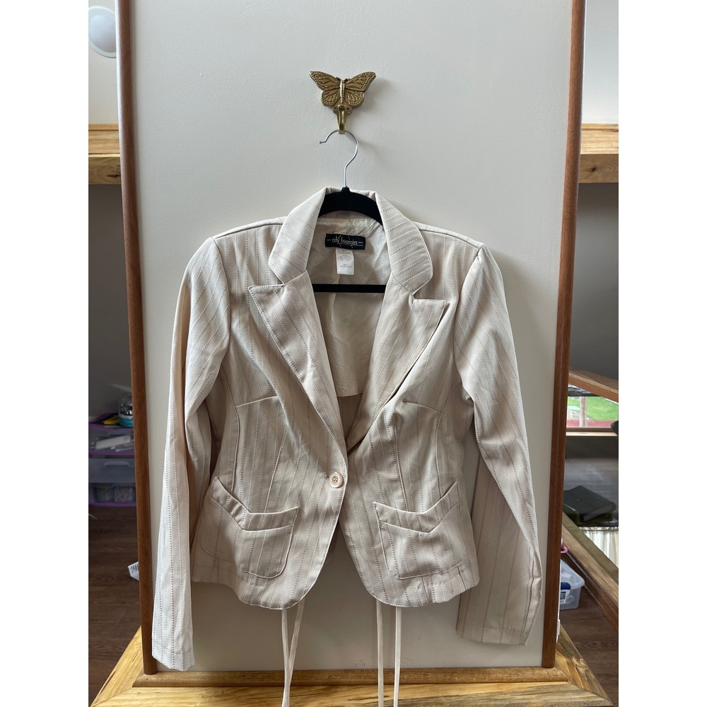 City Triangles Vintage Beige Pinstripe Skirt Suit Set Lace Up Back Blazer 9 11